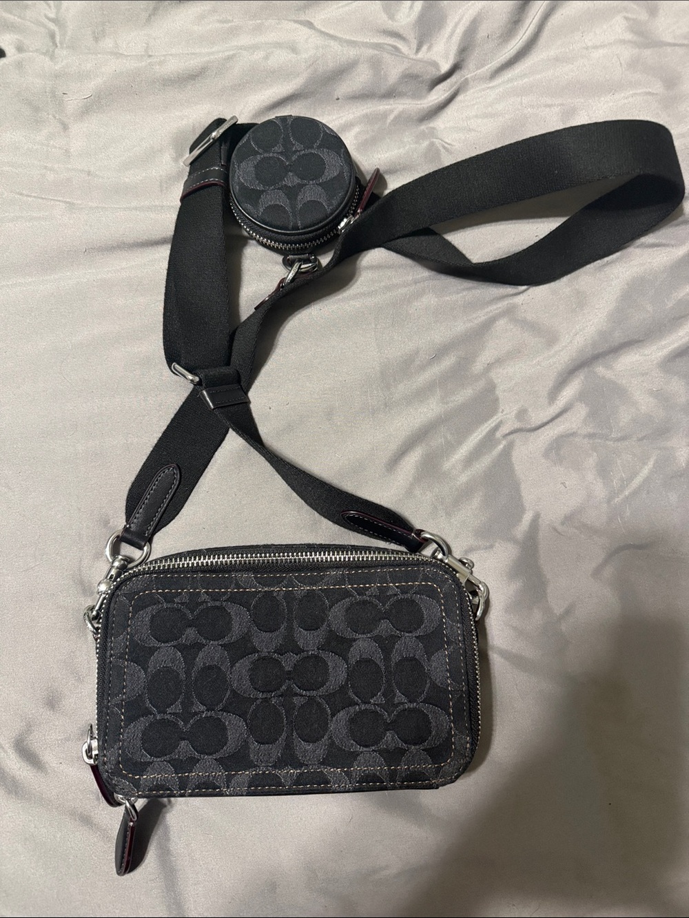 Coach Clinton Black Signature Canvas Double Pouch Crossbody
